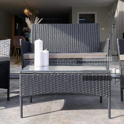 RATTAN GARDEN FURNITURE SET 4 PIECE CHAIRS SOFA TABLE SEATER PATIO CONSERVATORY(Black)