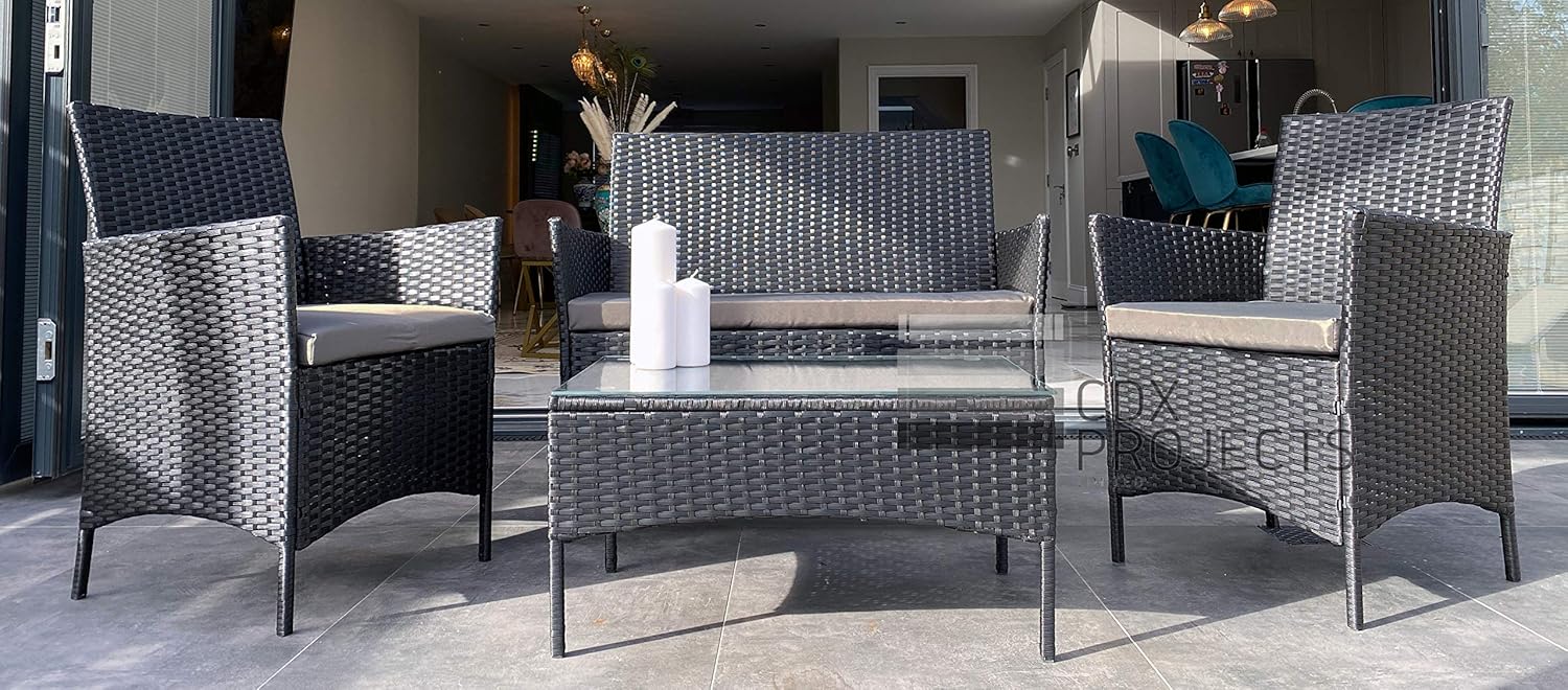 RATTAN GARDEN FURNITURE SET 4 PIECE CHAIRS SOFA TABLE SEATER PATIO CONSERVATORY(Black)