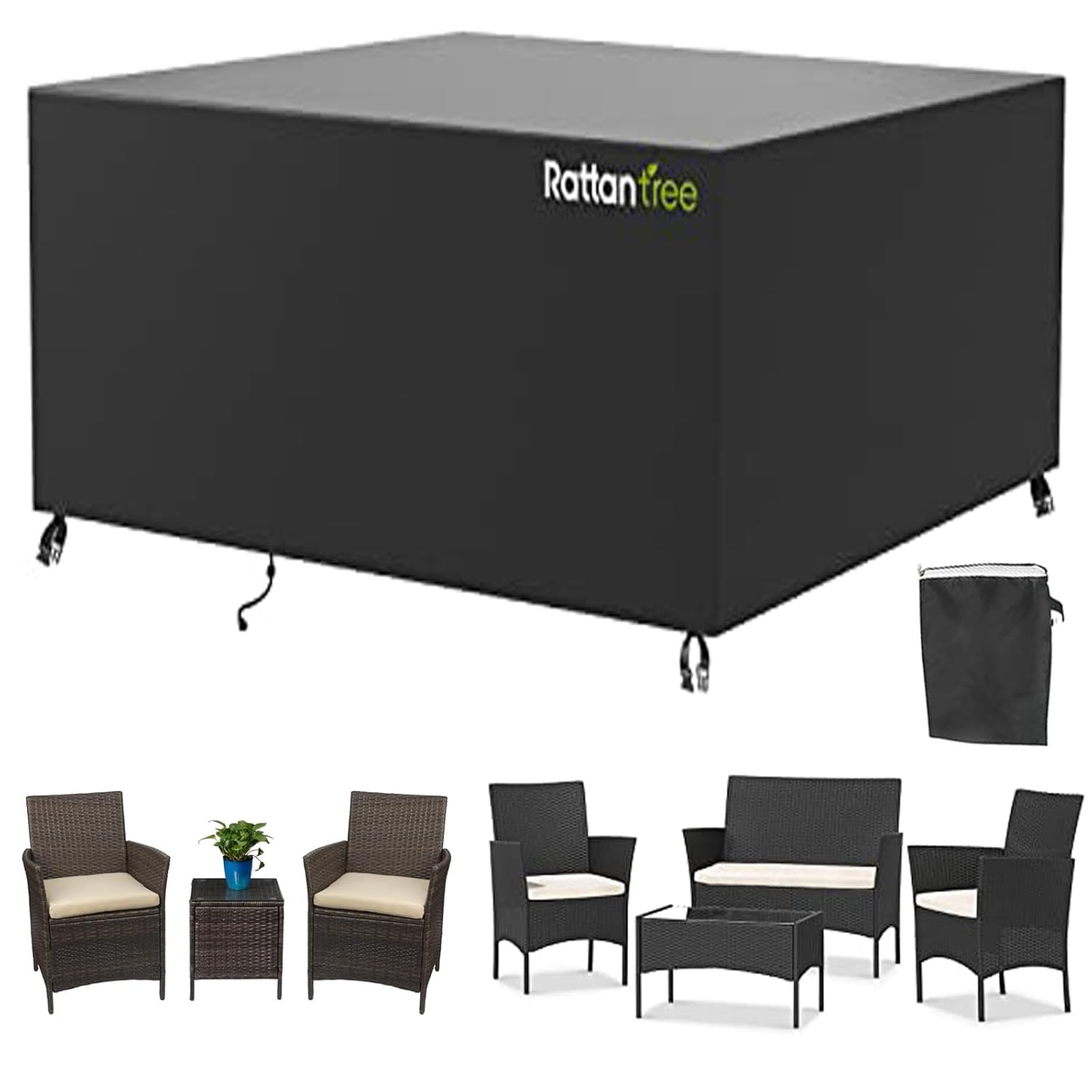 rattantree Garden Furniture Covers Waterproof, Oxford Fabric Patio Table Covers Waterproof with Dust-proof, Anti-UV Rattan Garden Furniture Covers Outdoor Indoor (Black,...