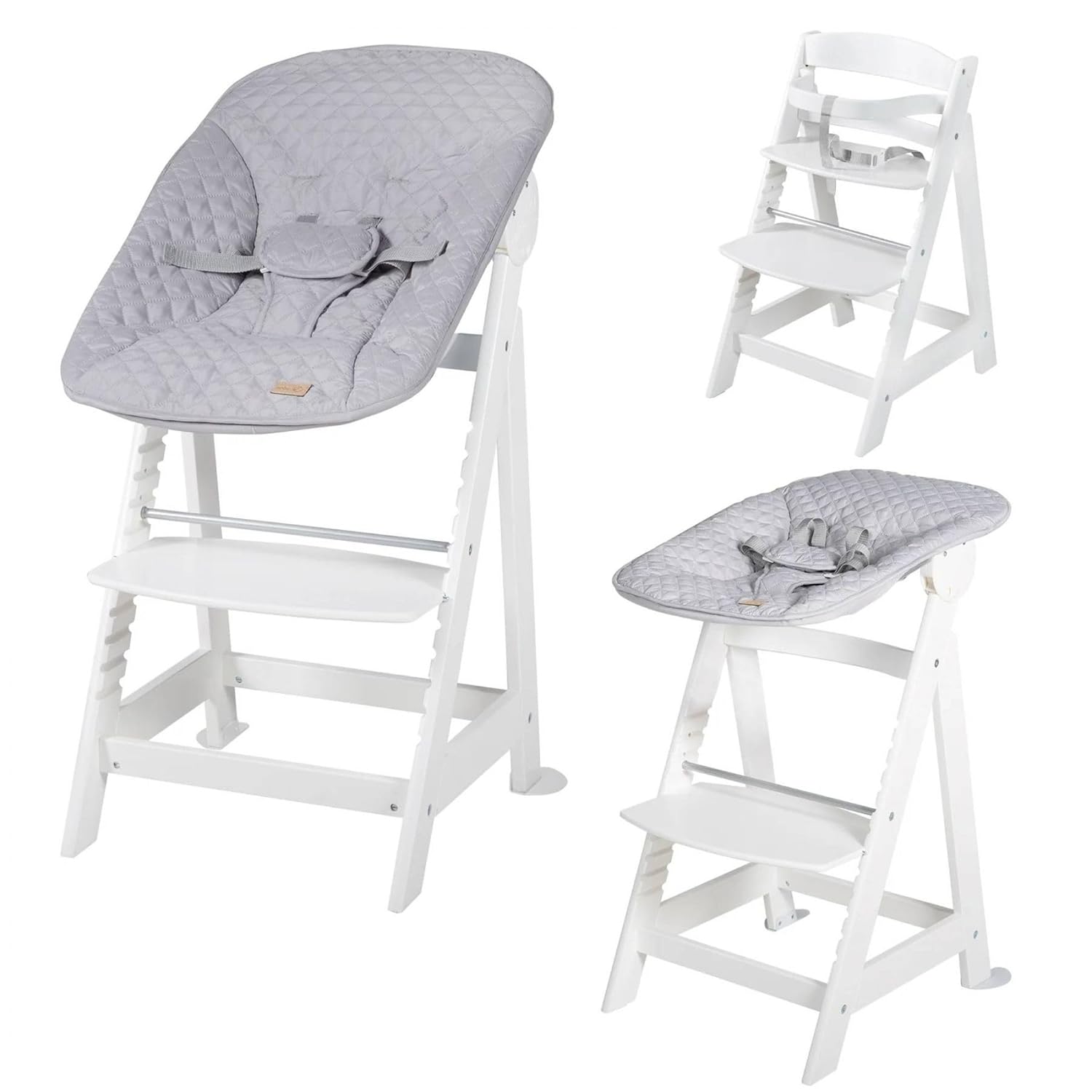 roba Born Up Children's High Chair Set 2in1 + Attachment for Newborns roba Style Grey - Baby High Chair with Reclining Function - from Birth - White Wood
