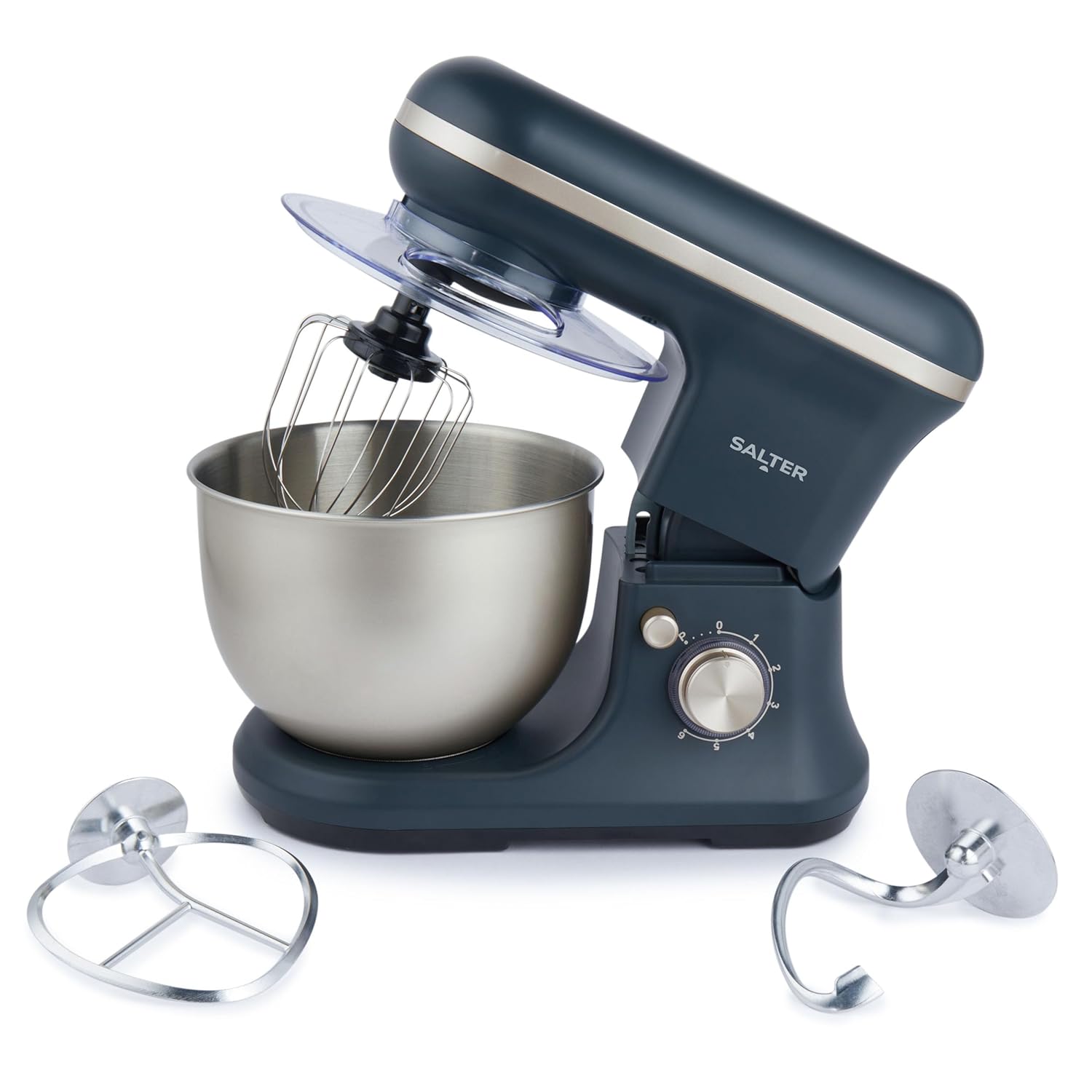 Salter Marino Baking Stand Mixer - 6 Speed Kitchen Mixer With Pulse, 5L Stainless Steel Mixing Bowl, Removable Splash Guard, Whisk, Dough and Beater Attachment, 1200W, Blue/Grey