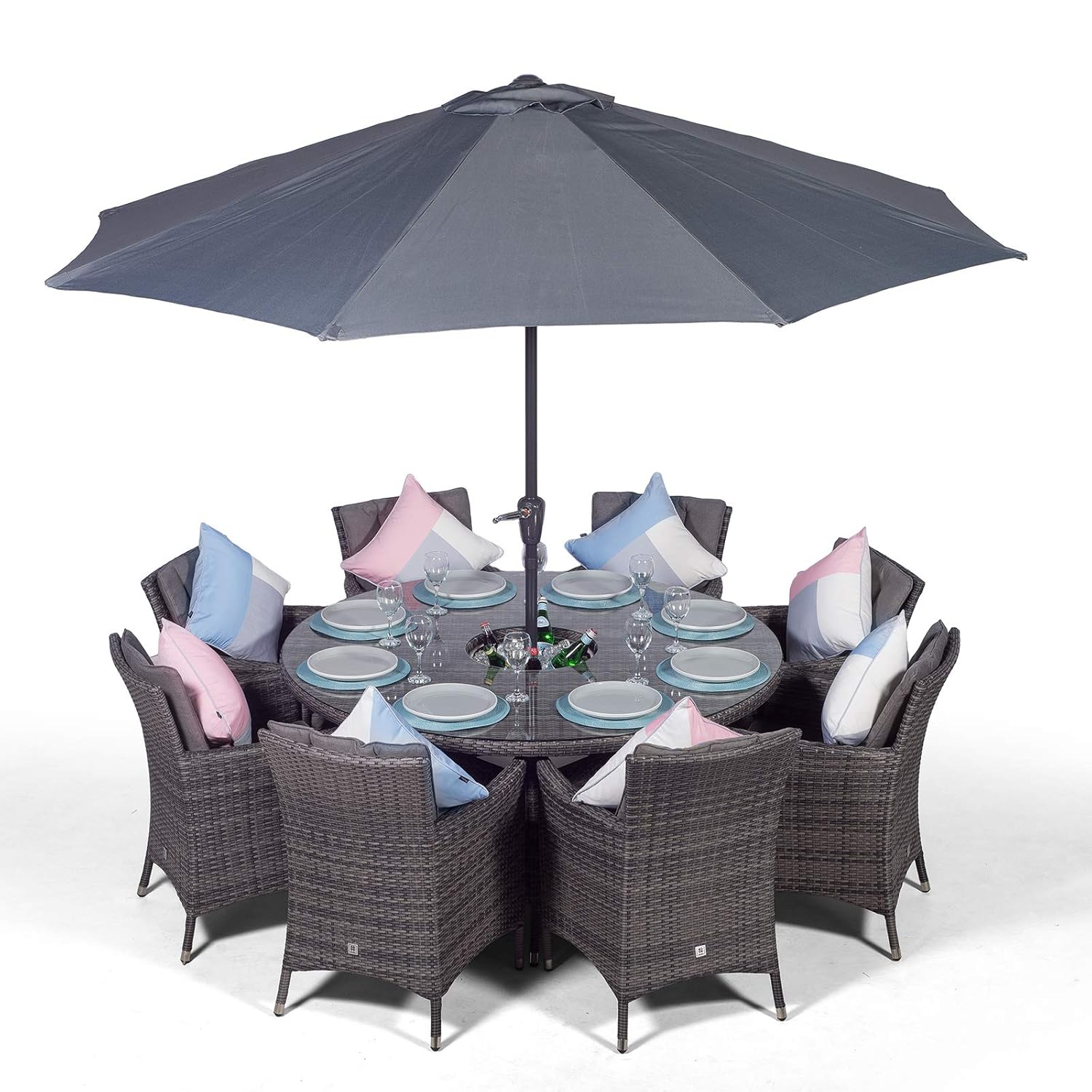 Savannah 8 Seater Grey Rattan Dining Table & Chairs with Ice Bucket Drinks Cooler | Outdoor Poly Rattan Garden Dining Furniture Set with Parasol & Cover