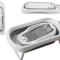Schwänlein® Baby Bath Tub with Bath Stand, 81 x 40 x 24 cm, Ergonomic Baby Bath with Foldable Bath Stand, Foldable Bathtub with Non-Slip, Folding Bathtub for Newborns ，Grey