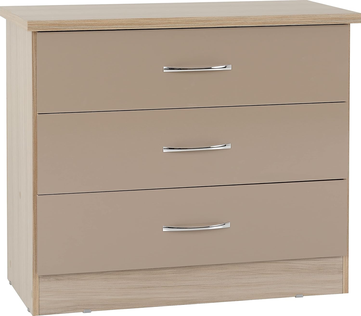 Seconique Nevada 3 Drawer Chest in Oyster Gloss/Light Oak Effect Veneer