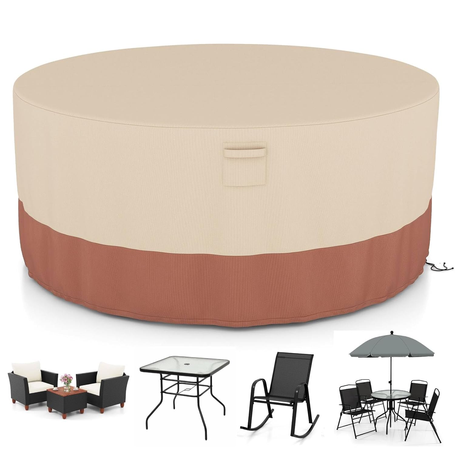 SFAREST 158cm/181cm/213cm Garden Furniture Cover, Heavy Duty Waterproof Table and Chairs Cover with Air Vents, Buckles & Drawstrings, Round Outdoor Patio Table Set Cover (Beige...