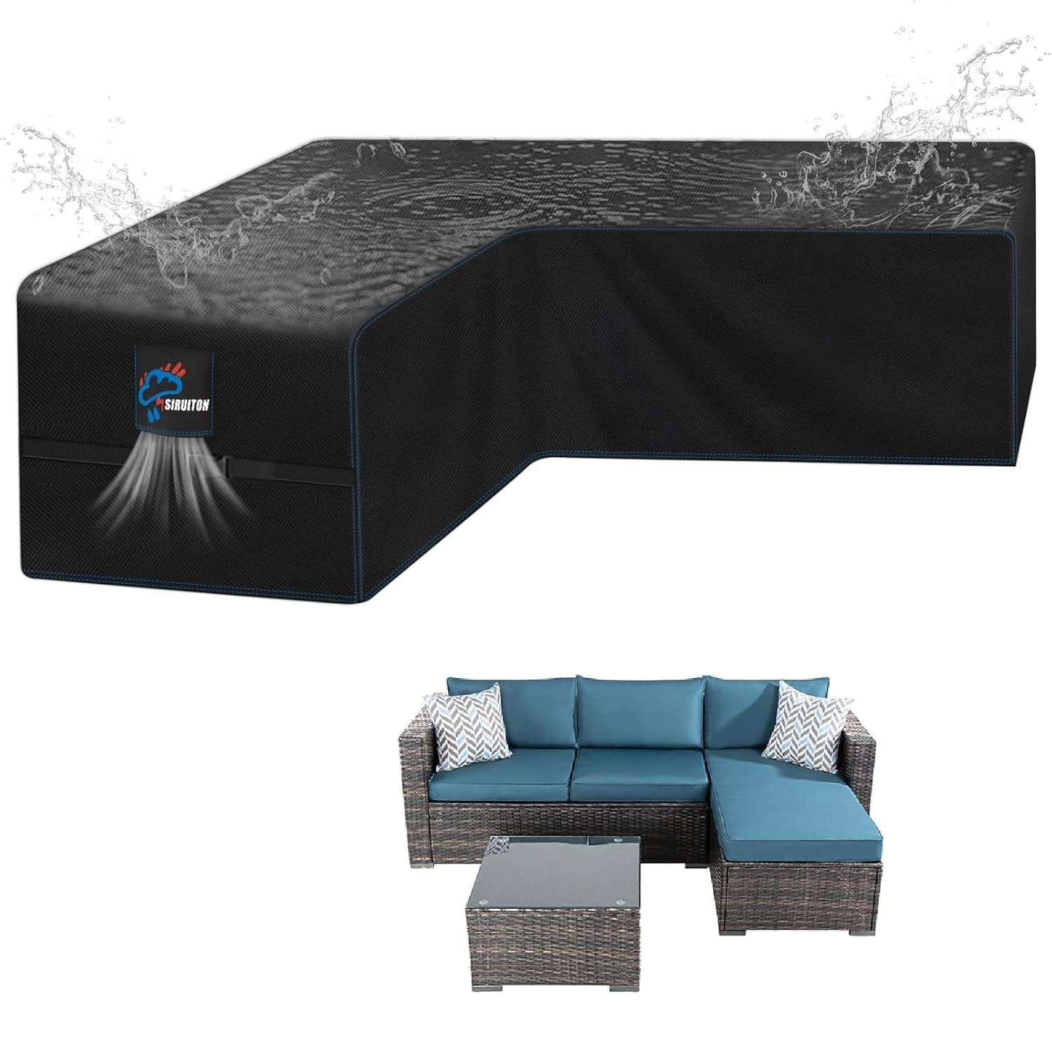 SIRUITON 255x255x87cm V-Shape Rattan Sofa Cover, Waterproof & Tear-Resistant 420D Oxford Fabric, Durable Outdoor L-Shaped Sofa Cover with Waterproof Tape,Garden Furniture Covers