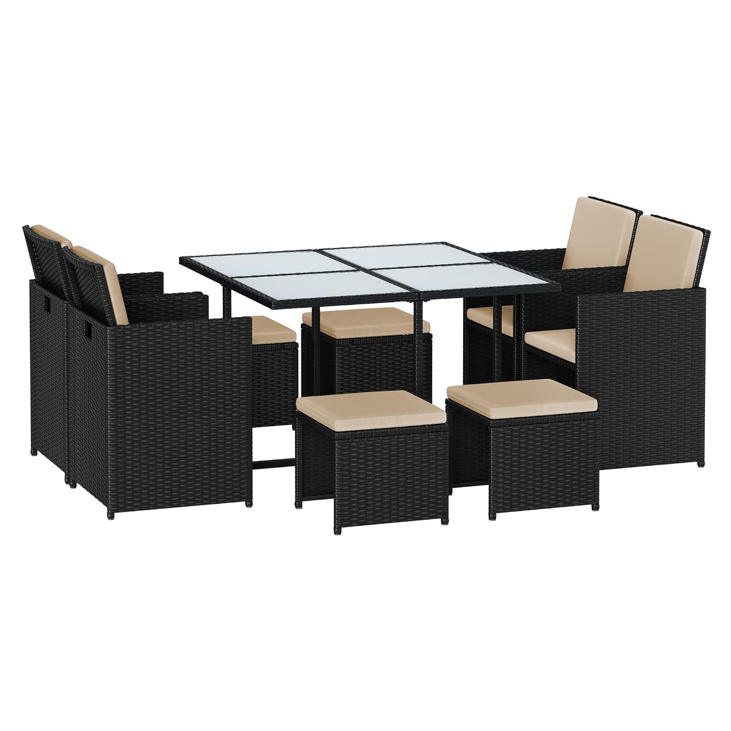 SONGMICS Garden Furniture Set Dining Table and Chairs, Set of 9 PE Rattan Outdoor Patio Furniture, Dining Furniture, Glass Top Coffee Table, with Cushions, Space-Saving, Black...