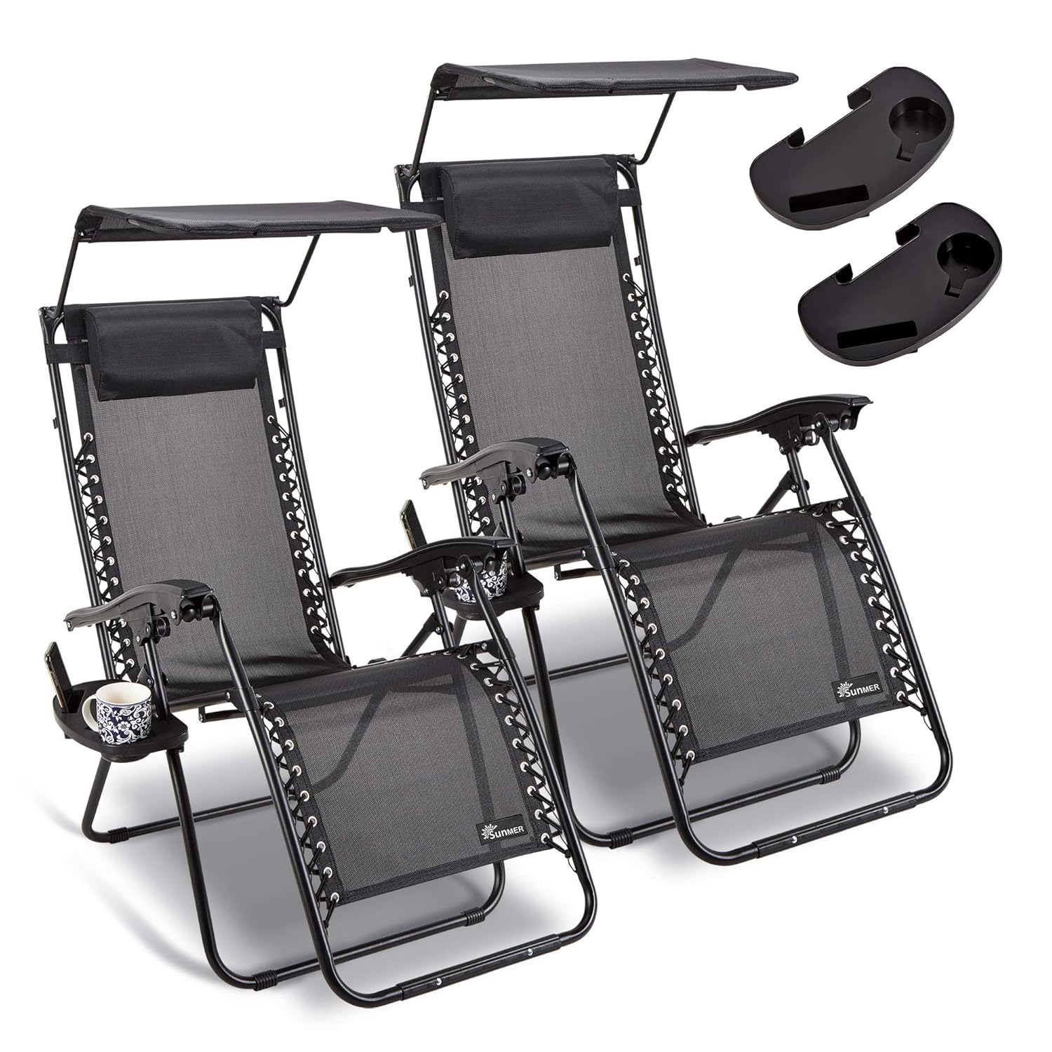SUNMER Set of 2 Sun Lounger Garden Chairs With Canopy and Cup Holder | Adjustable Headrest Pillow | Deck Folding Recliner Zero Gravity Outdoor Chair – Black