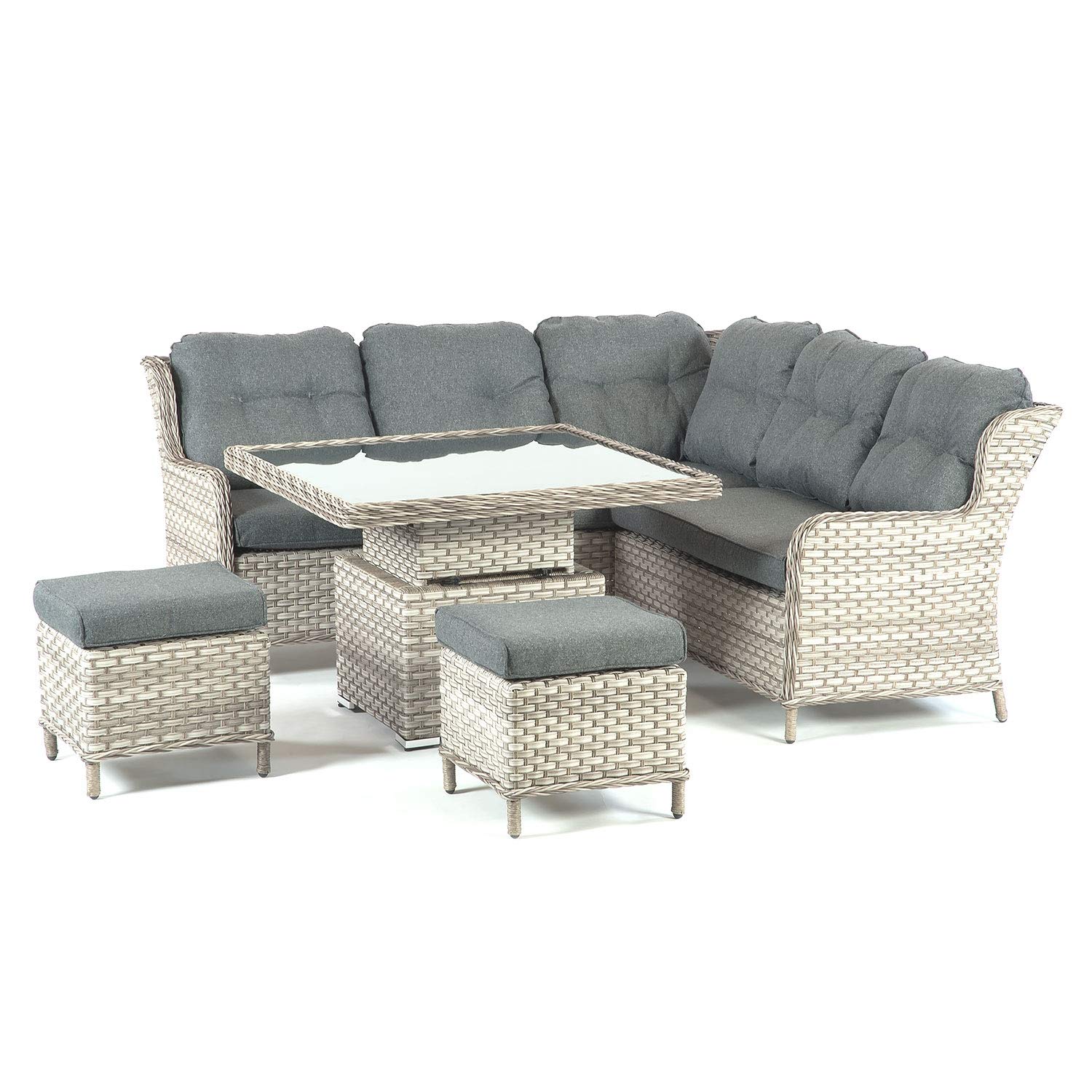 SunTime Callisto 7 Seater Garden Patio Rattan Corner Sofa Furniture Set with Adjustable Dining Glass Table (Grey)