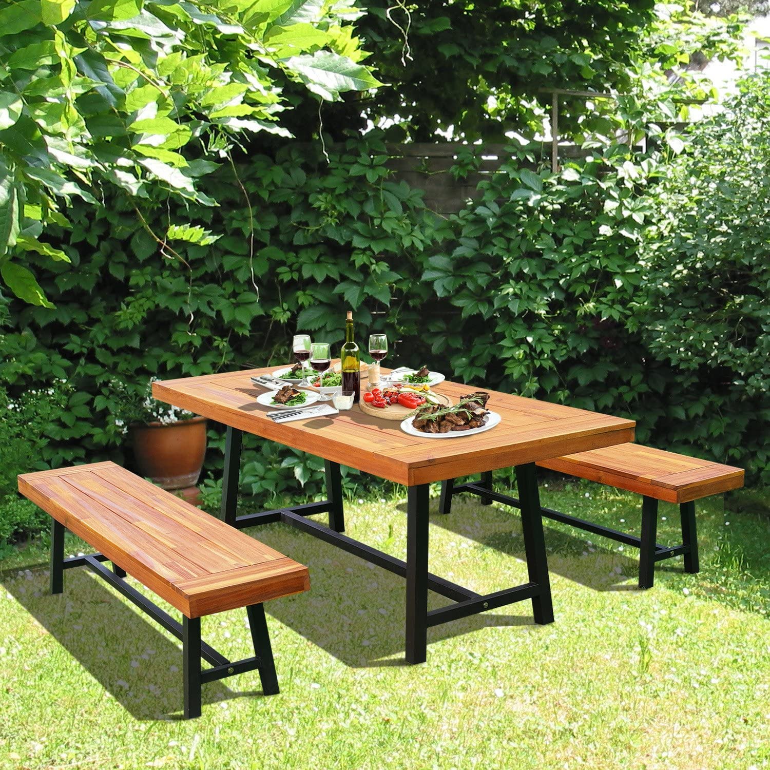 THE POPULAR Dining 6 Seater, Garden Set, Acacia Wood, Natural/Brown-Black, One Size