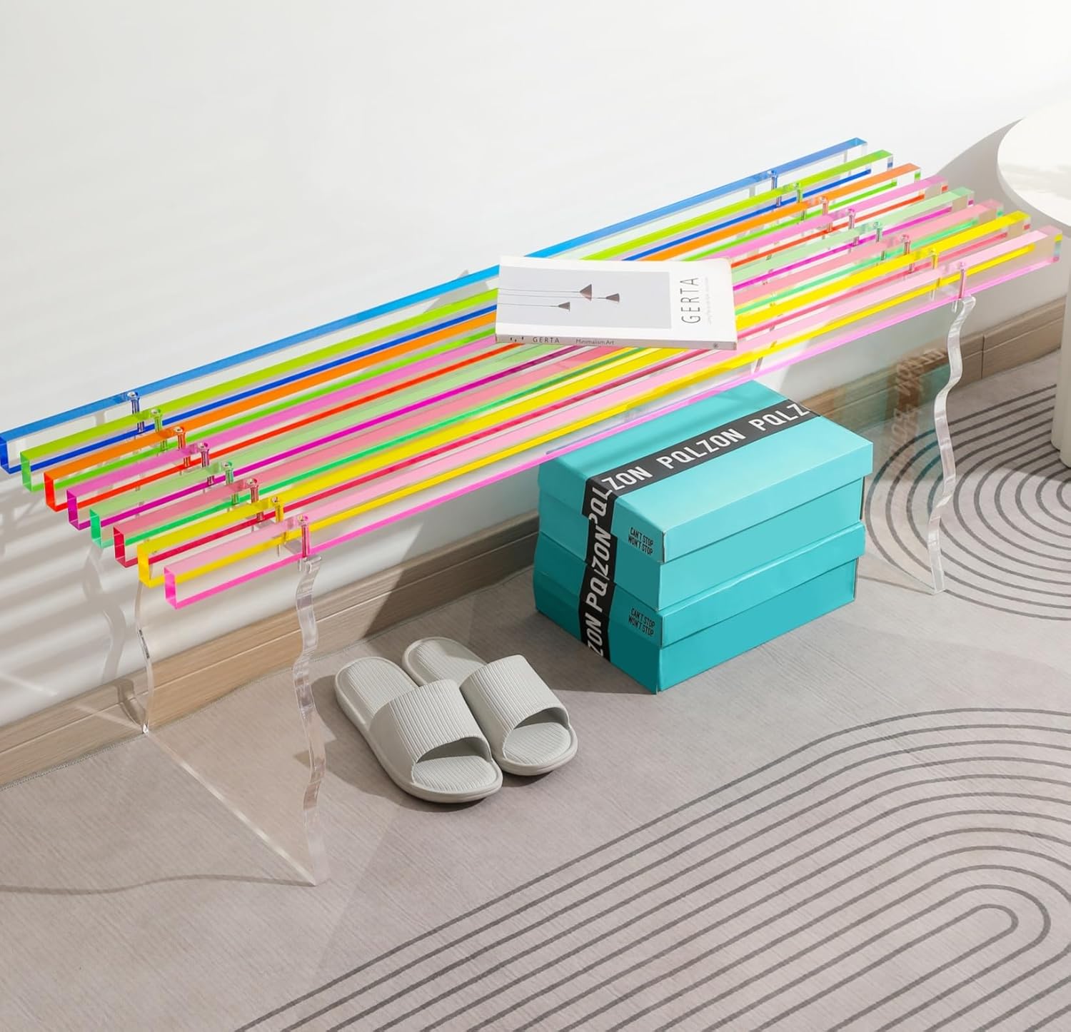 TOMTREE Entryway Bench, Acrylic Storage Bench for Living Room, Indoor Entryway Shoe Bench Seat in Rainbow Color - Medium