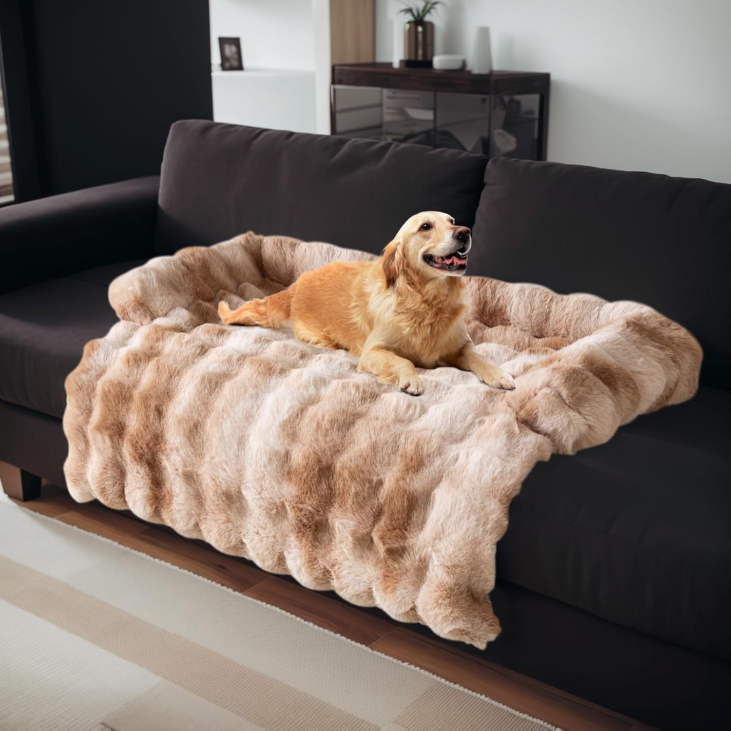 Topchances Dog Sofa Bed, Dog Sofa Bed Mat, Faux Rabbit Fur Plush Furniture Protector Cover, Pet Sofa Mat for Dogs and Cats,Gradient Curry, 90 * 90 * 13cm