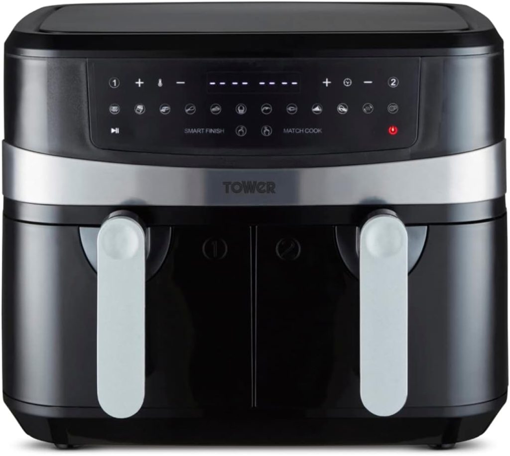 Smart Finish Tower T17088 Vortx 9L Dual Basket Air Fryer with Smart Finish, 2600W, Black
