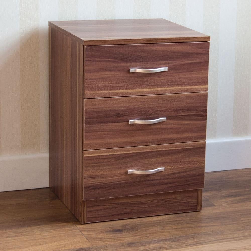 Vida Designs Walnut Bedside Cabinet Chest of Drawers, 3 Drawer With Metal Handles & Runners, Unique Anti-Bowing Drawer Support, Riano Bedroom Furniture