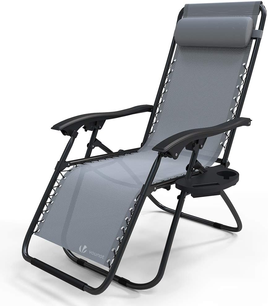 VOUNOT Zero Gravity Chair, Folding Sun Loungers, Recliner Garden Chairs, Outdoor Deck Chairs with Cup and Phone Holder, Grey