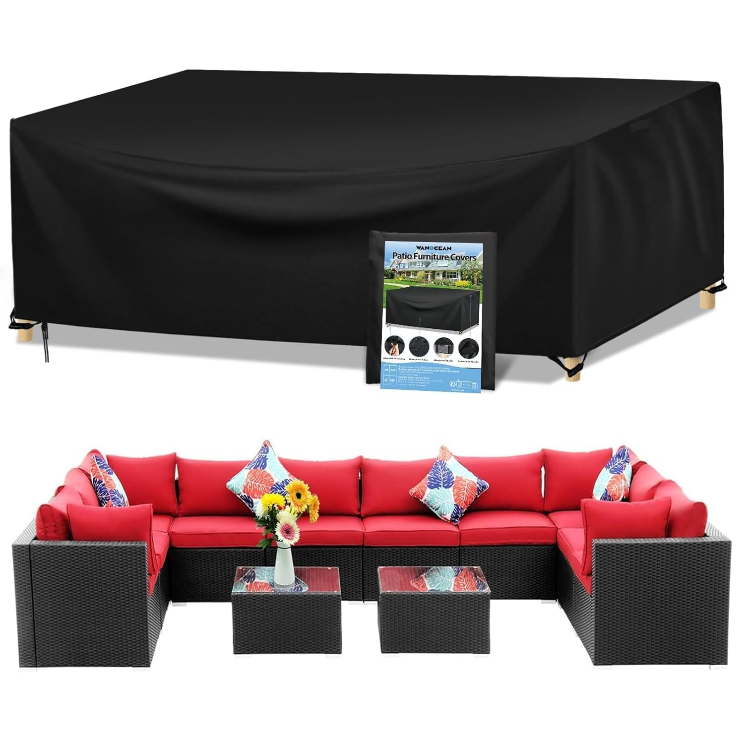 Wanocean Garden Furniture set Covers, Outdoor Patio Furniture Cover Waterproof 420D Oxford Anti-UV Tear-Resistant Rectangular Rattan Furniture Covers 350x260x90cm