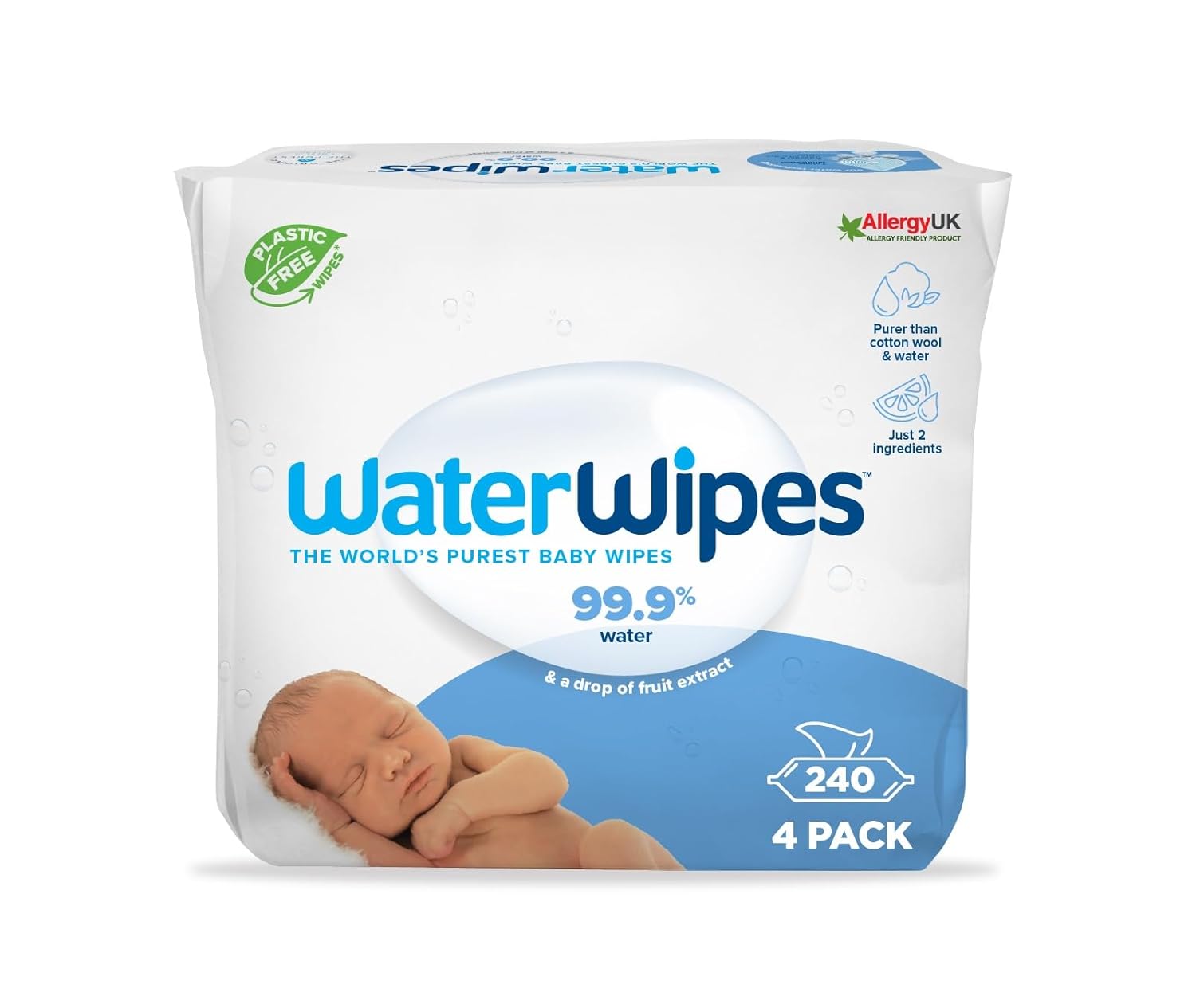 WaterWipes Plastic-Free Original Baby Wipes, 240 Count (4 packs), 99.9% Water Based Wipes, Unscented for Sensitive Skin