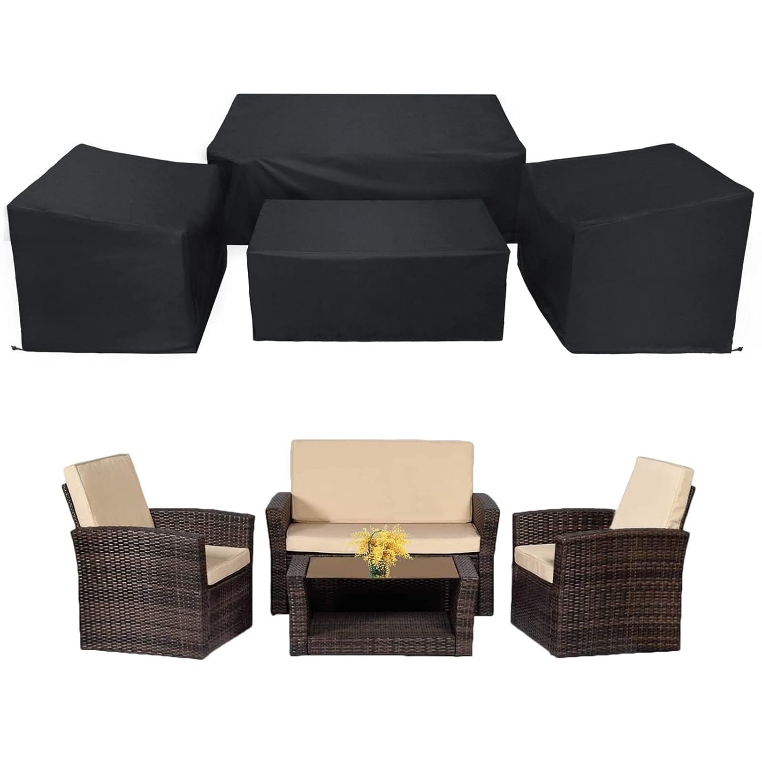 WISCLASS Patio Furniture Covers,4-Piece Outdoor Garden Covers,Waterproof 420D Heavy Duty Set covers Windproof,Durable Fade Rip Resistant Black