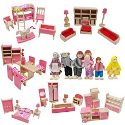 XIAONAN Wooden Doll House Furniture 7 Set Doll House Building Blocks Mini Dollhouse for Kids Childs Gifts Family
