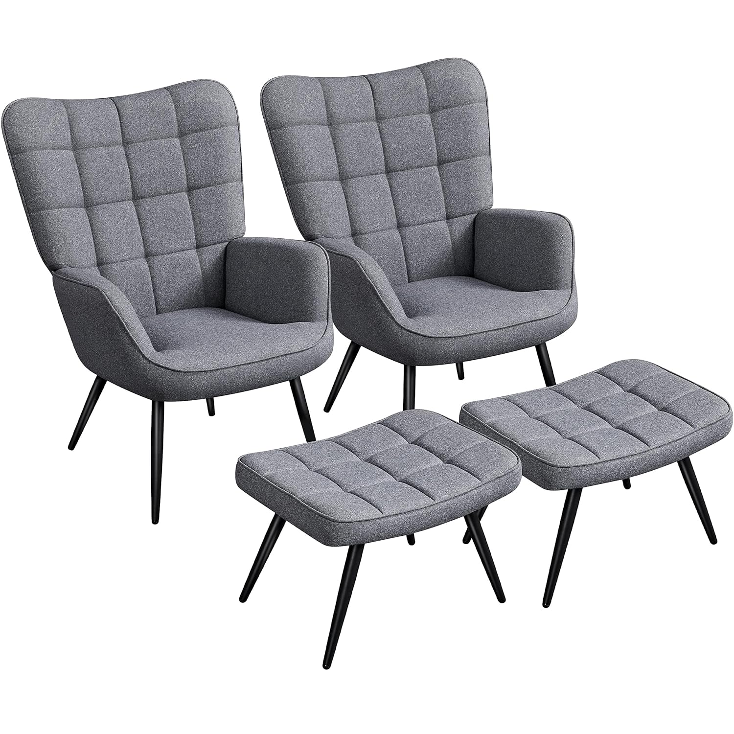 Yaheetech Armchair with ottoman Set, Modern Linen Fabric Accent chair with Footrest, Oversized Tub Chair with High Back and Metal Legs for Living Room Bedroom, Gray, 2pcs