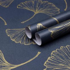 Yomshi Self Adhesive Wallpaper Blue and Gold 44CM X 12M Peel and Stick Wallpaper Ginkgo Leaf Pattern Vinyl Wrap Sticky Back Plastic for Wall Furniture Cabinet
