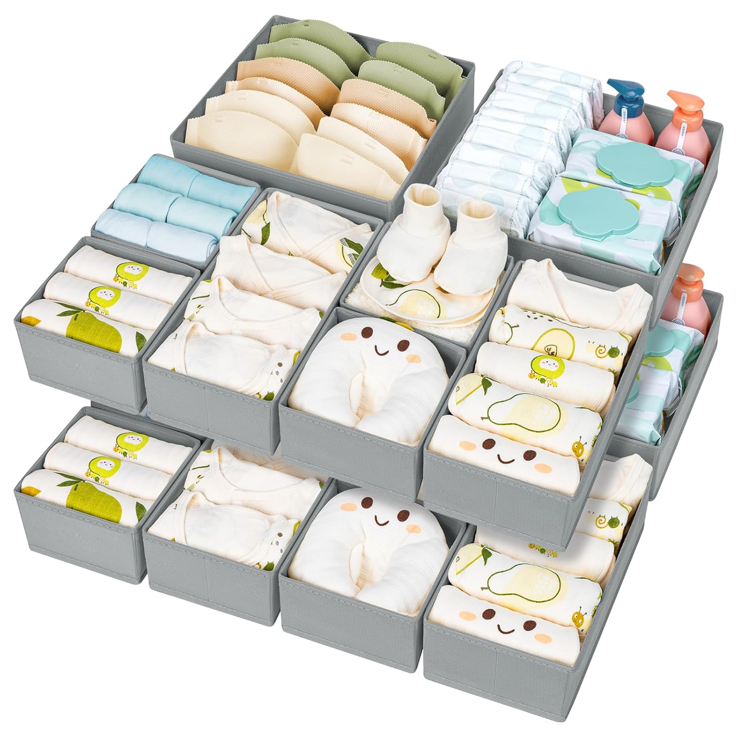 15 Pack Drawer Organisers Foldable Storage Box - Fabric Clothes Wardrobe Dresser Organization Drawer Dividers Cubes for Socks, Underwear, Ties, Bedroom, Grey