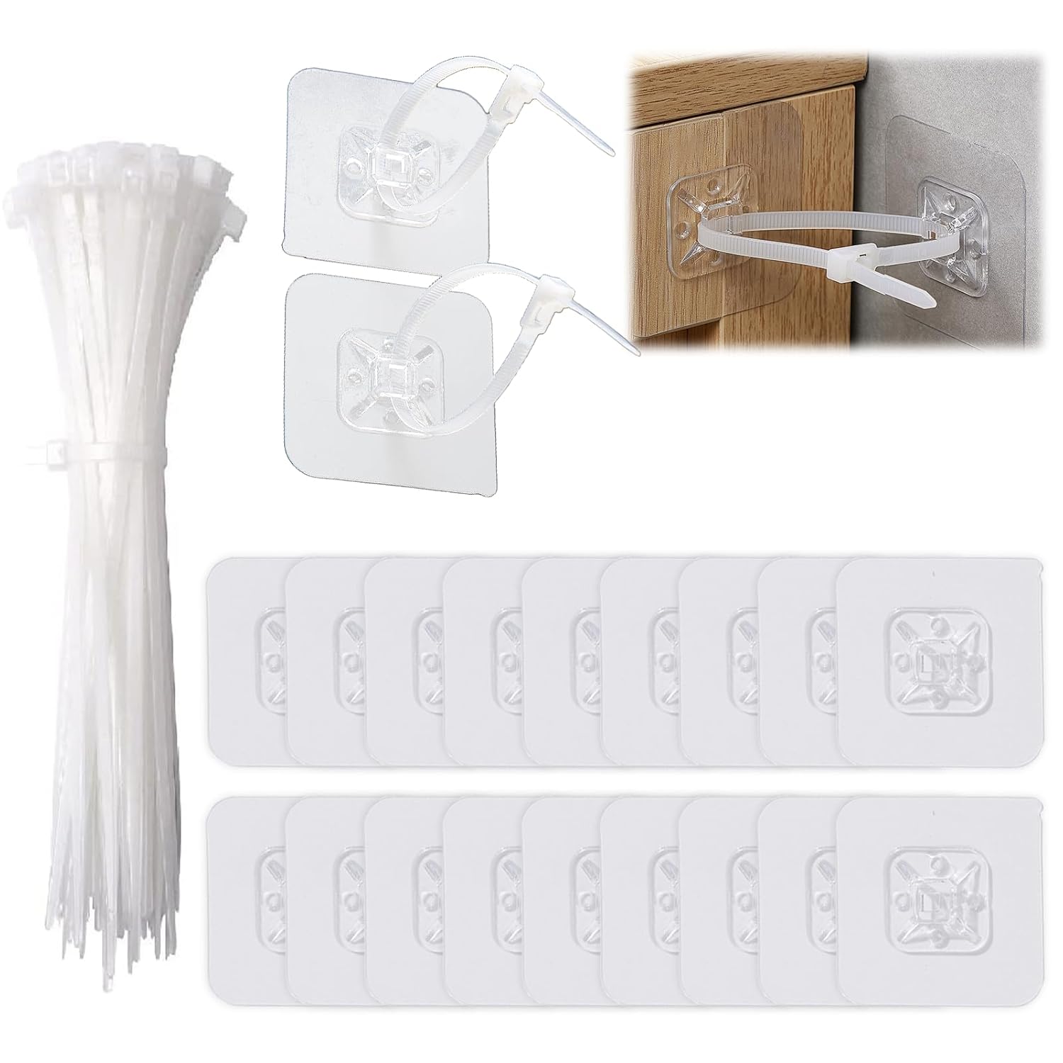 20Pcs Self-Adhesive Furniture Wall Straps, No Drill Furniture Anchors,Cable Tie Sets,Furniture Fasteners to Prevent Furniture from Tipping Over, ensuring The Safety of Children...