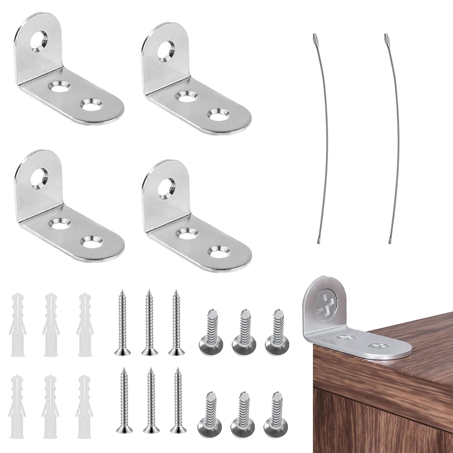 24 Pcs Furniture Anchors,Anti-Fall Wardrobe Wall Safety Fixings,Safety Stainless Steel Furniture Wall Anchors,Baby Proofing Metal Anti-Tip Furniture Straps kit for Baby Pet...