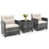 3 Pieces Outdoor Rattan Bistro Set, Patio Wicker Conversation Furniture Set with Cushions & Tempered Glass Tabletop, Metal Frame Garden Conservatory Sofa Table for Porch Balcony...