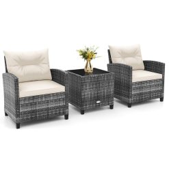 3 Pieces Outdoor Rattan Bistro Set, Patio Wicker Conversation Furniture Set with Cushions & Tempered Glass Tabletop, Metal Frame Garden Conservatory Sofa Table for Porch Balcony...