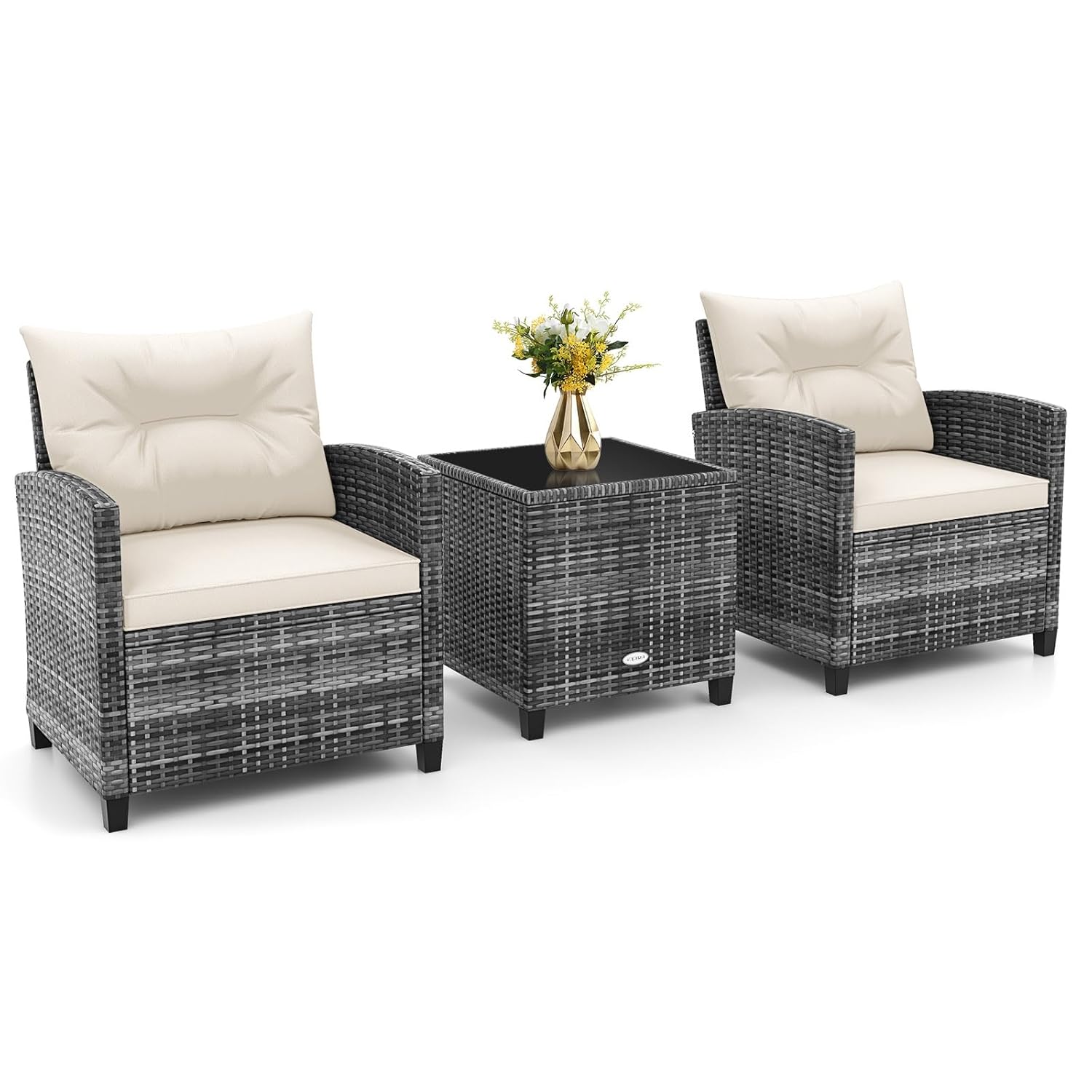 3 Pieces Outdoor Rattan Bistro Set, Patio Wicker Conversation Furniture Set with Cushions & Tempered Glass Tabletop, Metal Frame Garden Conservatory Sofa Table for Porch Balcony...