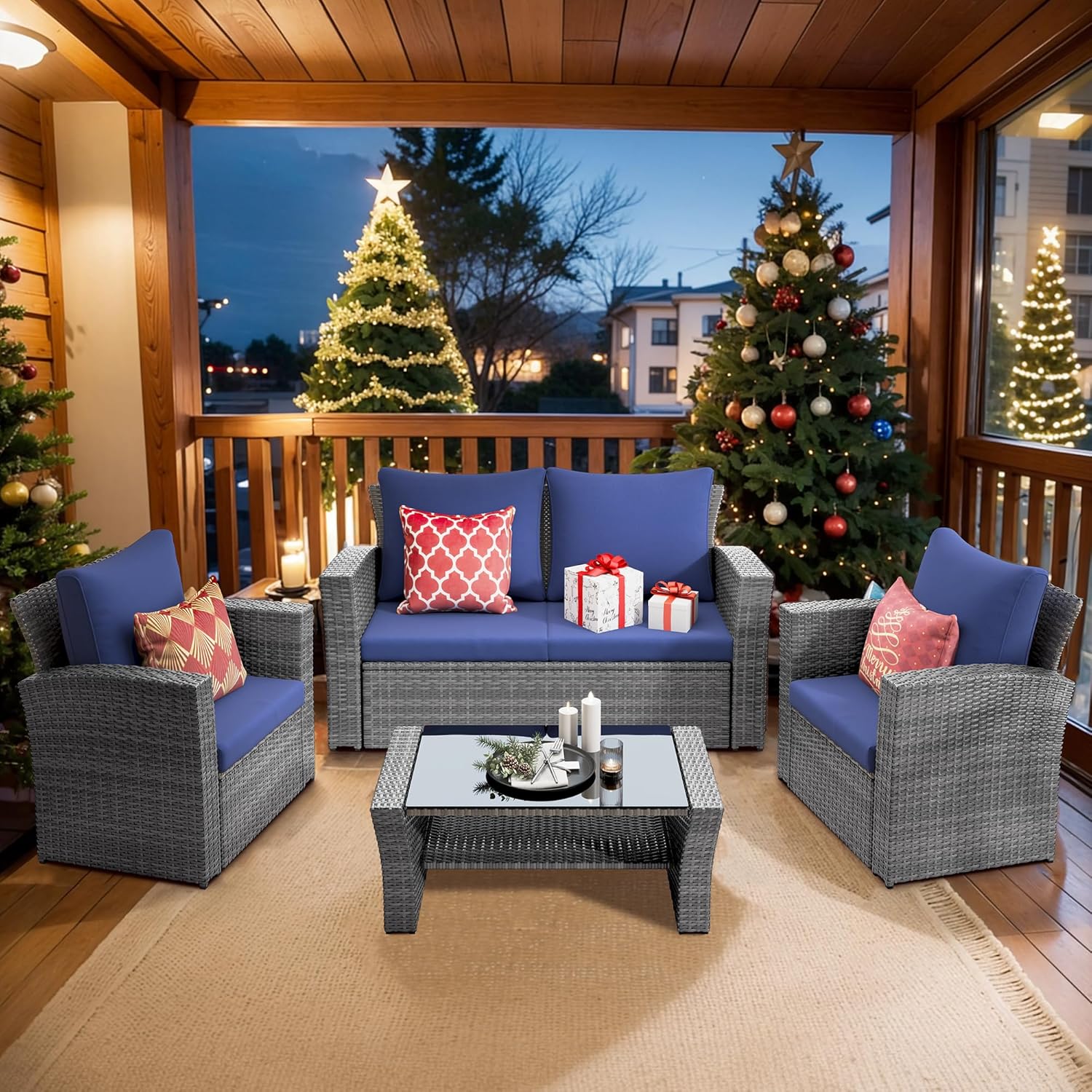 4 Piece Patio Furniture Sets, All-Weather Wicker Conversation Sets, Outdoor Rattan Sectional Sofa Chair with Cushions and Coffee Table for Balcony, Garden, Backyard,Grey/Blue