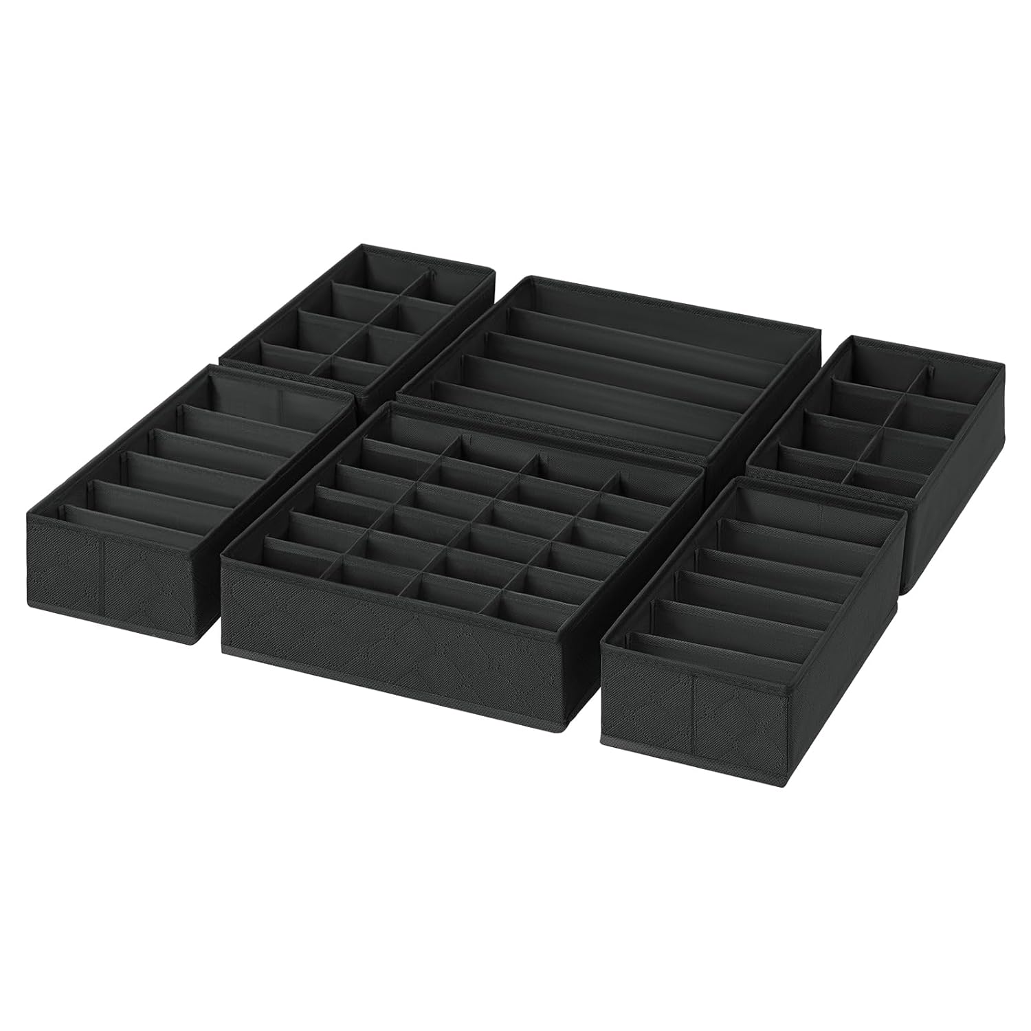 6 in 1 Clothes Drawer Organiser Dividers, Foldable Storage Boxes Fabric Wardrobe Draw Organizer for Clothing, Socks, Underwear, Ties, Bedroom, Black