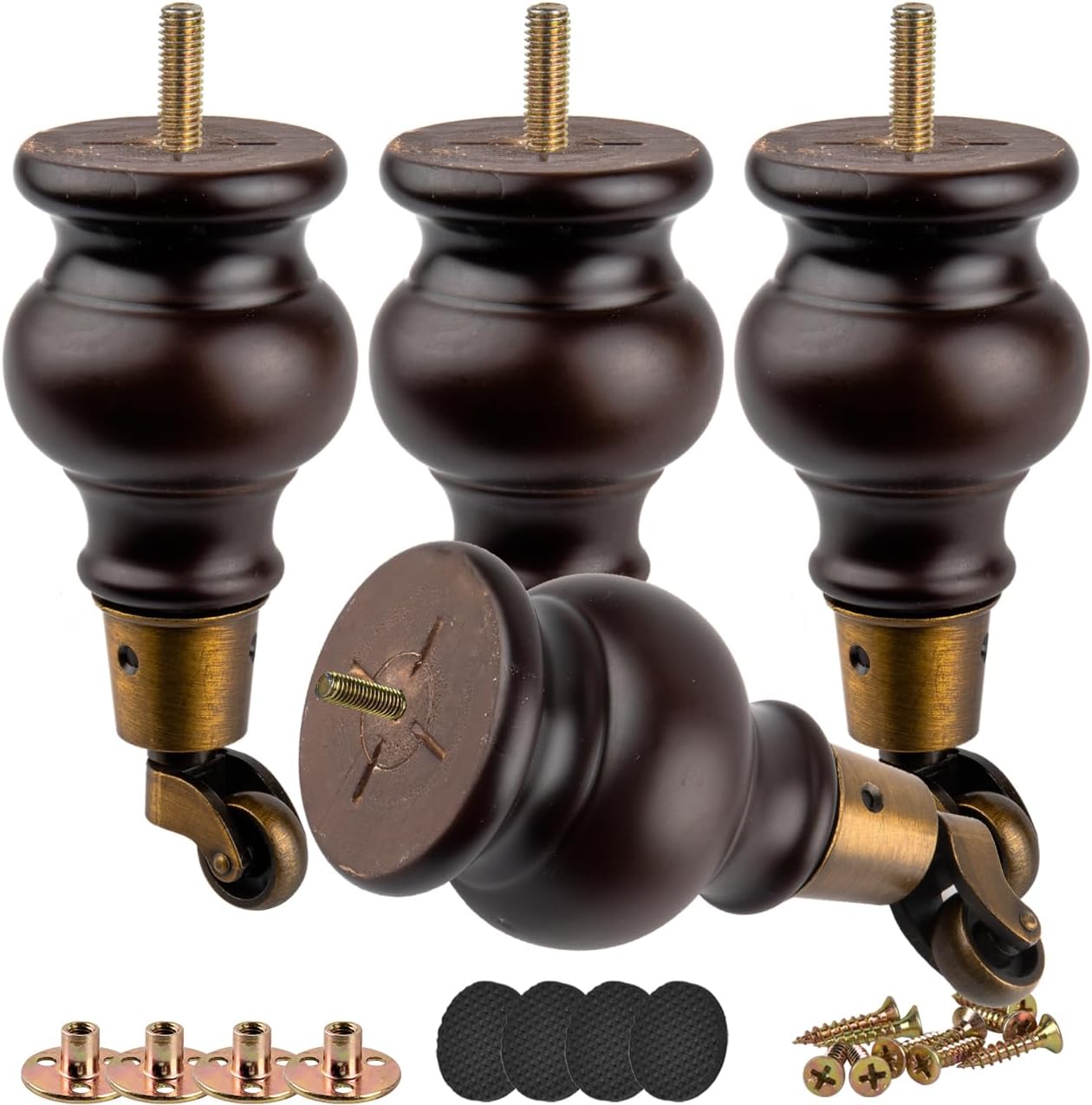 6 inch / 14cm Wooden Furniture Legs with Castors, 4Pcs Walnut Solid Wood Legs Round Gourd Wooden Turned DIY Replacement Bun Feet For Armchair, Recliner, Ottoman, Cabinet