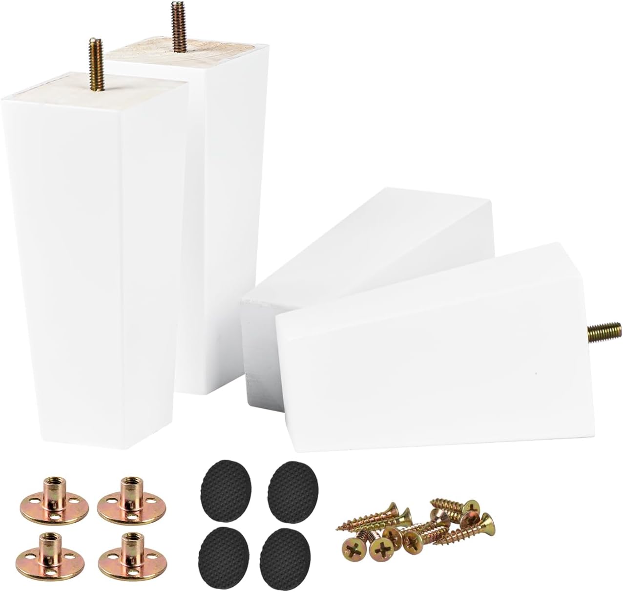 6 inch / 15cm Solid Wood Furniture Legs, 4Pcs White Mid-Century Modern Wooden Pyramid Replacement Feet Sofa Legs with Threaded M8 Hanger Bolts &Mounting Plate &Screws for Couch...