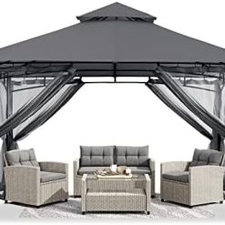 ABCCANOPY 3x3.6M Gazebos With Netting for Patios Double Roof Soft Canopy Garden Backyard Gazebo for Shade and Rain (Gray)