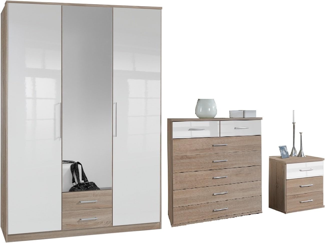 Adtrad Bedroom Furniture Set - Oak & Gloss White - 3 Door With Mirror - 2 Drawer Wardrobe - 5+2 Chest Of Drawers - Bedside Cabinet Drawer Chest - German Made Quality - Flat...
