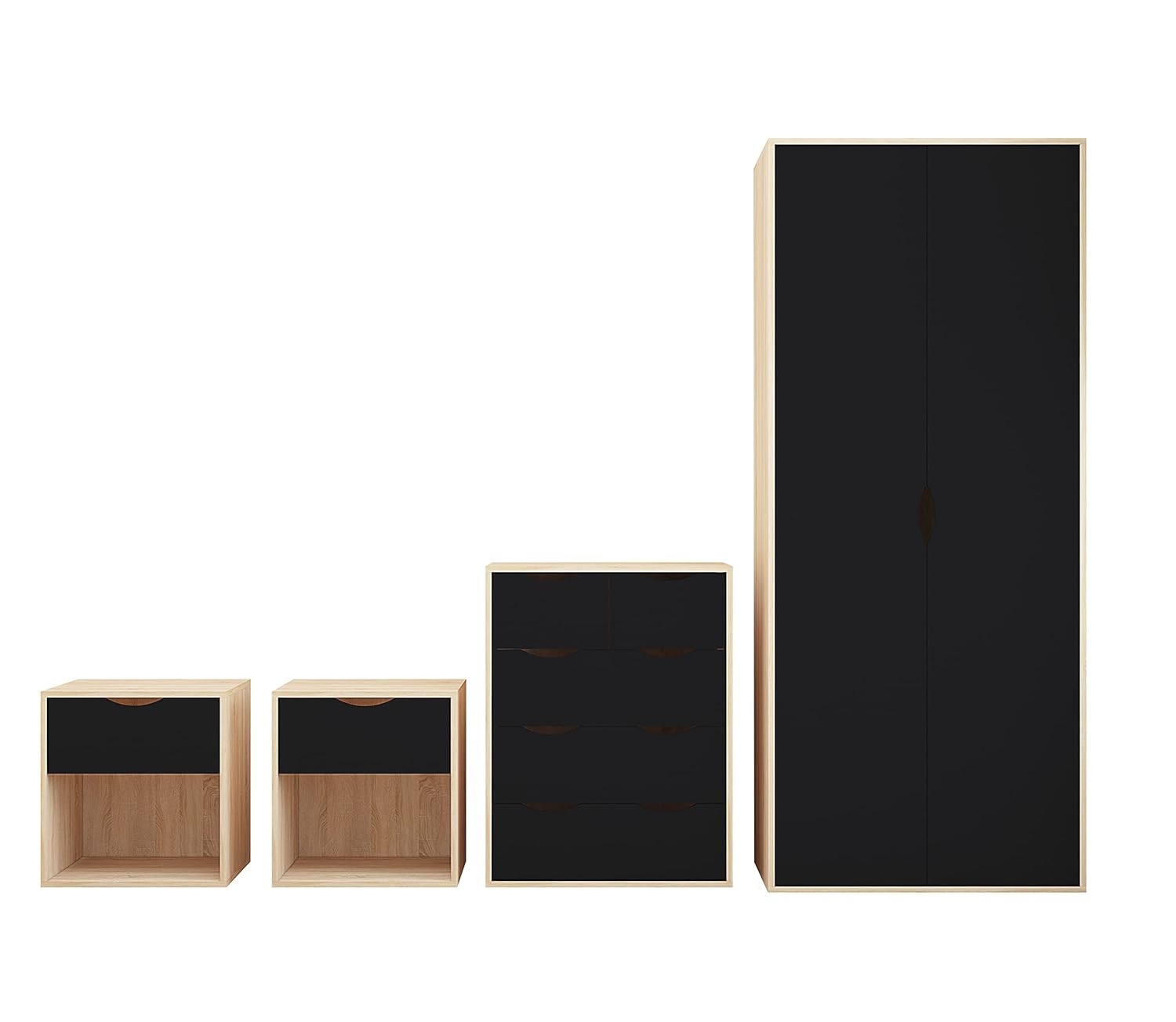 AFN Delvito 4 Piece Bedroom Furniture Set - Includes Wardrobe, 5 Drawer Chest, Bedside Cabinet (Black on Oak)