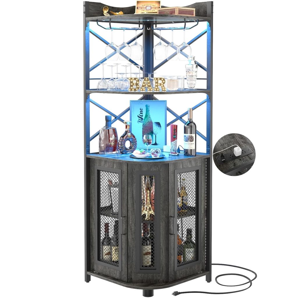 Aheaplus Corner Bar Cabinet with Power Outlet, Industrial Wine Storage ...