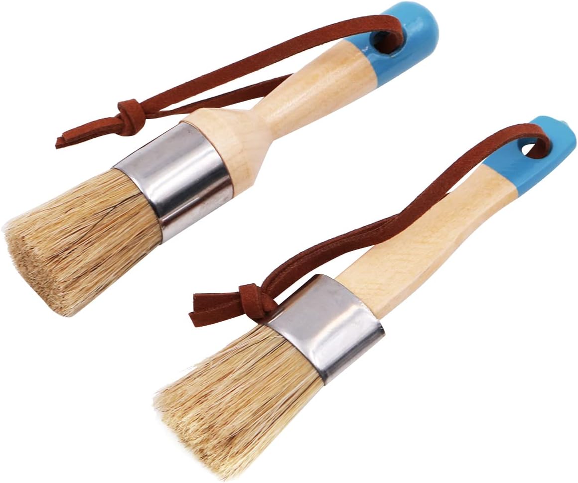 ANCLLO 2 Pcs Chalk and Wax Paint Brush Set for Furniture, DIY Painting and Waxing Tool, Round Chalk Paint Brush, Stencils, Natural Pure Bristles