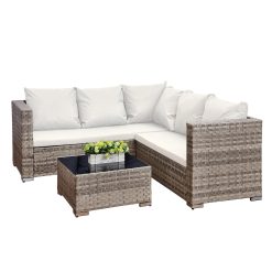AOUXIN 5 Seater Rattan Garden Furniture Set, Rattan Corner Sofa Set Patio Sofa with Glass Table (Beige)