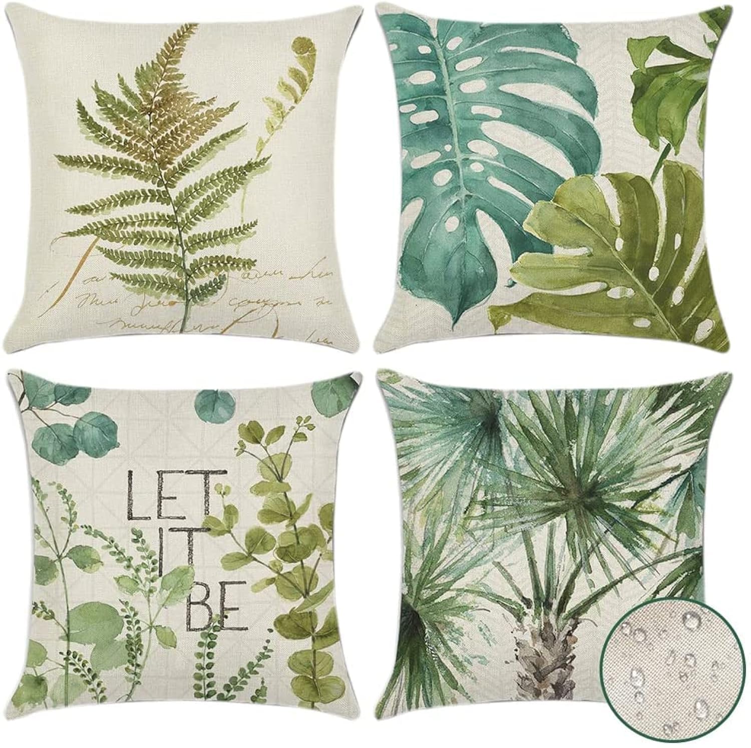 Artscope Set of 4 Decorative Cushion Covers 45x45cm, Green Leaf Pattern Waterproof Throw Pillow Covers, Perfect to Outdoor Patio Garden Bench Living Room Sofa Farmhouse Decor
