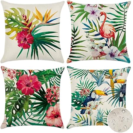 Artscope Set of 4 Decorative Cushion Covers 45x45cm, Tropical Plants and Flowers and Birds Waterproof Throw Pillow Covers, Perfect to Outdoor Patio Garden Bench Living Room Sofa...