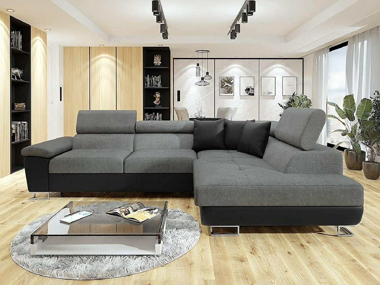 Ashbourne Sofa Bed with Storage | Corner Sofa | Double Sofa Bed | Grey or Grey & Black Fabric | Warranty Included (Right Hand Facing, Black & Grey)