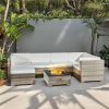 Avril Paris 6 Seater Grey Rattan Garden Furniture Set with a Fire Pit Table – Elegant Garden Sofa with White Removable Cushions and Footstool Included - All Weather Outdoor...