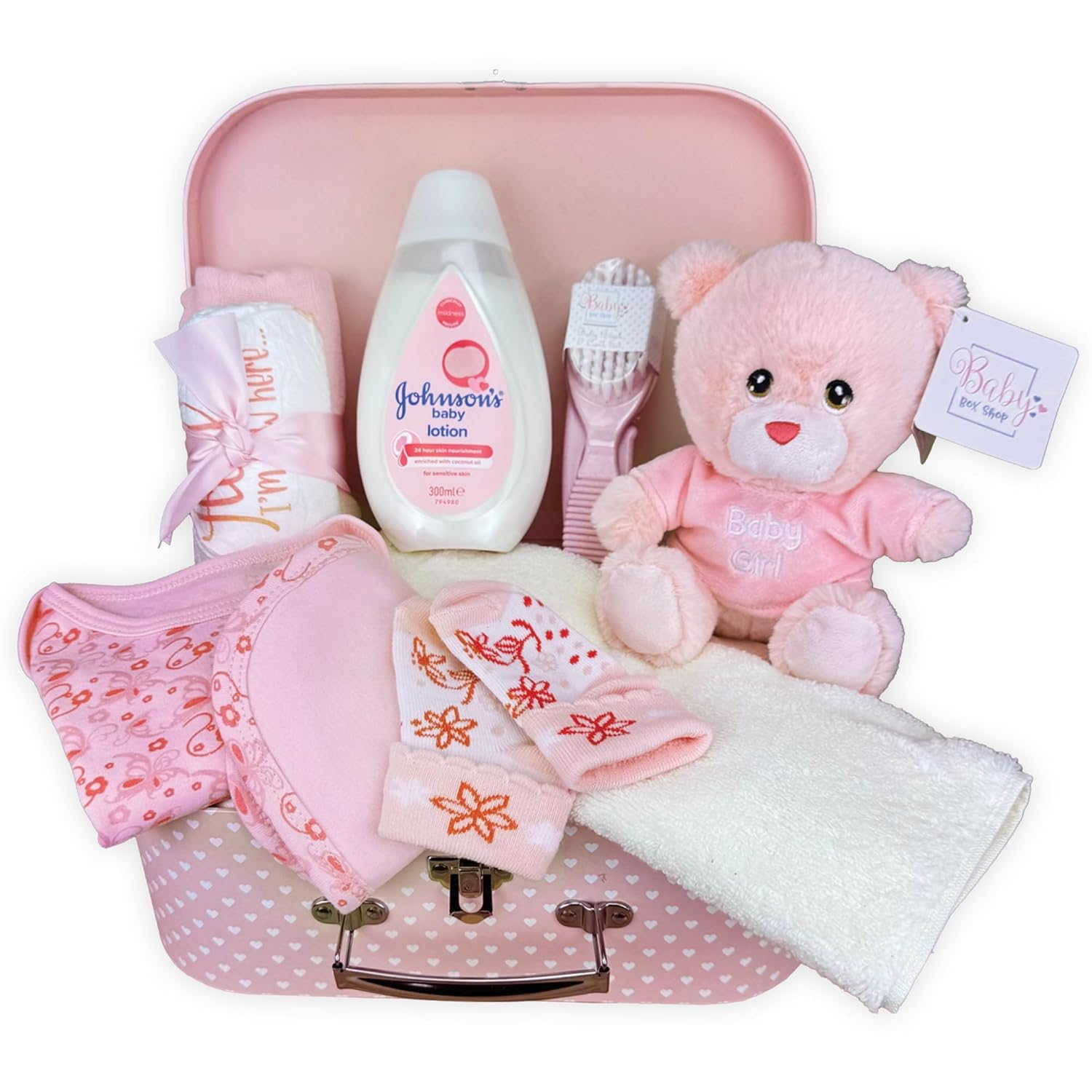 Baby Box Shop - 11 Newborn Baby Girl Gifts, Ideal for Baby Shower Gifts & Christenings - Baby Hamper in Pink Includes Baby Essentials for Newborn Girl & Plush Teddy Bear (Pink)