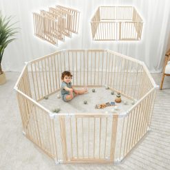 Baby Playpen & Gate - 144 x 144 x 63 cm, Extends Up to 579 cm - Pine Wooden Play Pen with Child-Proof Lock - Safe & Portable Easy Assembly Playpen for Baby & Toddlers - Light...