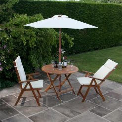 BillyOh Wooden Folding Table and Chairs Set Round Coffee Table with 2 Armchair Garden Furniture Set Outdoor Dining 1m FSC Acacia Patio Furniture Chair