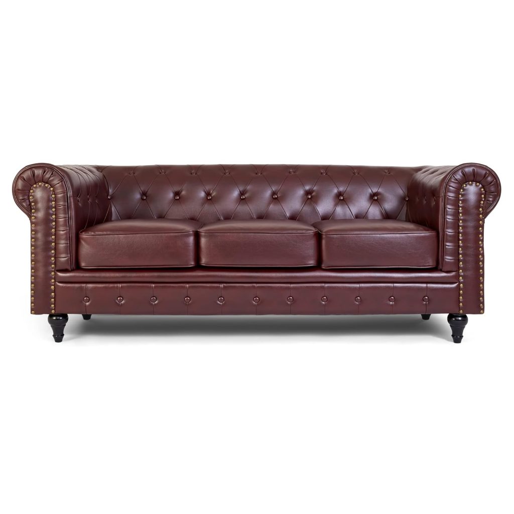 Bravich Leather Chesterfield Sofa- Brown. 3 Seater Settee, Faux Bonded ...