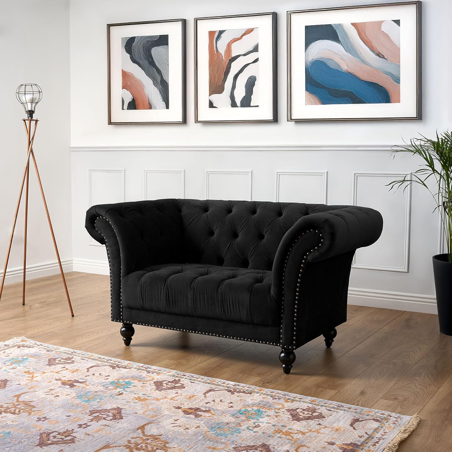 Bravich Velvet Chesterfield Armchair - Black. Single Sofa, Velvet Armchair for Living Room Furniture. Chesterfield Arm Chair, Easy Clean (Single Seater, Black Sofa, 145cm x 56cm...